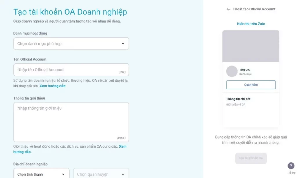 Điền đầy đủ thông tin doanh nghiệp, tổ chức để tạo tài khoản Zalo AO