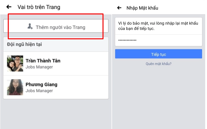 Trước khi thực hiện cách thêm quản trị viên cho page trên điện thoại, bạn cần nhập mật khẩu để đảm bảo bảo mật