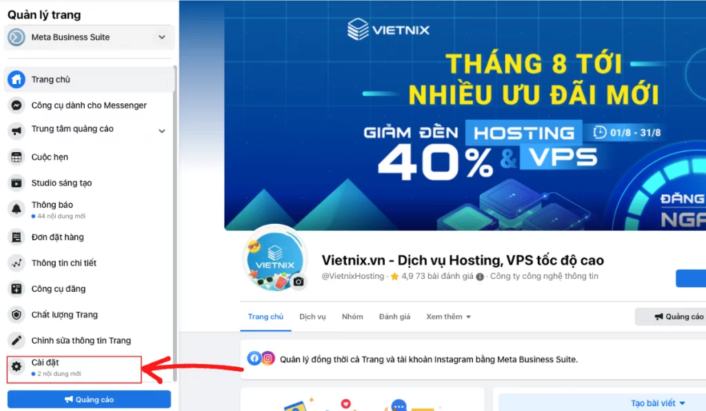 Nhấn vào Cài đặt để thực hiện cách thêm quản trị viên cho page trên máy tính đơn giản