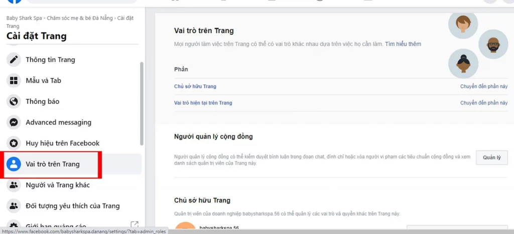 Nhấn chọn vào Vai trò trên Trang để hệ thống hiển thị như giao diện bên phải 